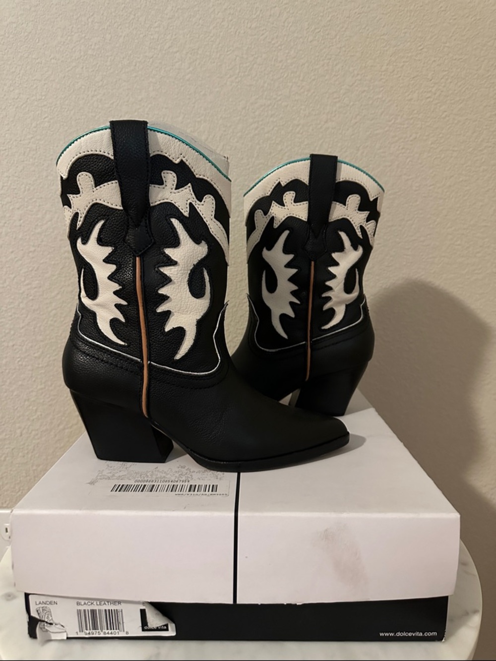 Dolce Vita Black and White Western Mid-Calf Heeled Boots